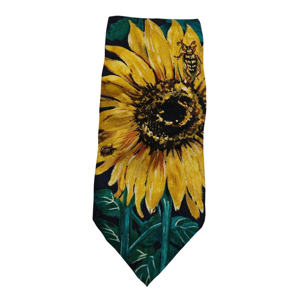 WWF Sunflower Silk Necktie Mens OS Blue Yellow Bee Insect Floral Design 219